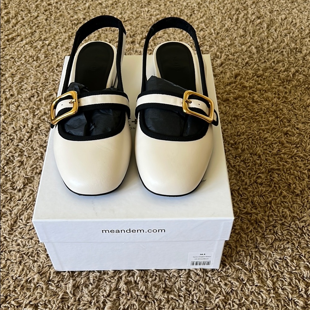ME+EM Cream and Black Flats with Gold Buckle